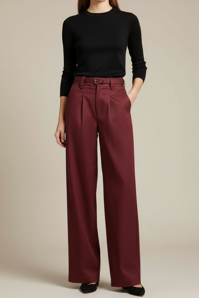 Pantalon Chino Bordeaux Ample Taille Haute Femme - Gabardine - vue 3