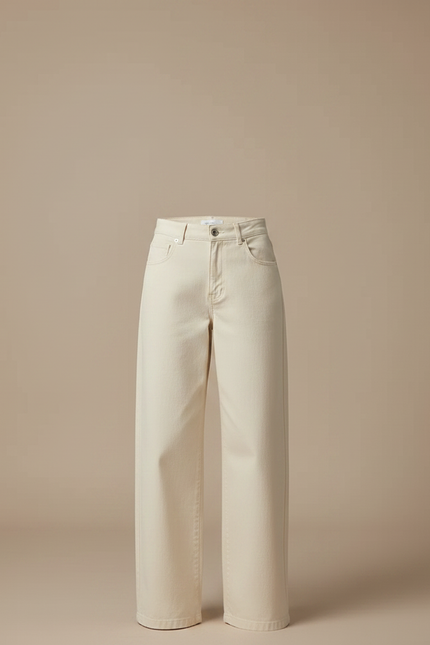 Pantalon Chino Écru Ample Taille Haute Femme - Beige Gabardine - vue 3