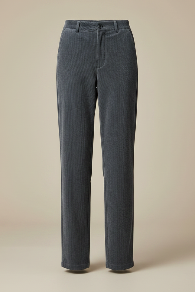 Pantalon Chino Gris Côtelé Droit Taille Haute Femme - Cordé - vue 3