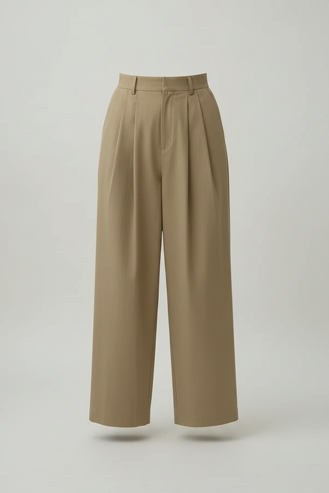 Pantalon Chino Kaki Taille Haute Ample Plissé Décontracté - Gabardine - vue 3