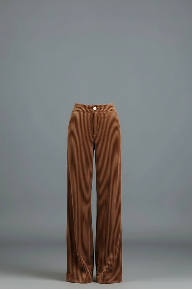 Pantalon Chino Large Côtelé Marron Taille Haute Femme - Cordé - vue 3