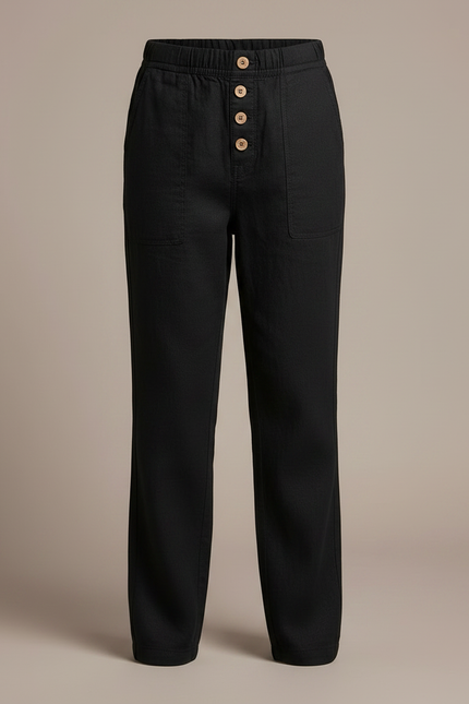 Pantalon Chino Noir Lin Ample Boutons Décontracté - vue 3