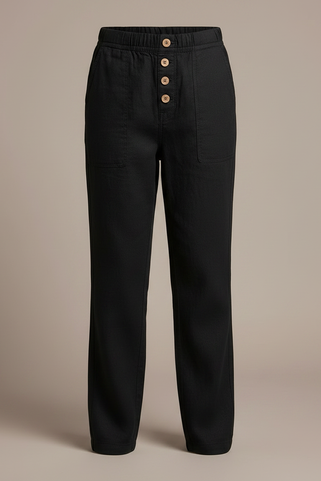 Pantalon Chino Noir Lin Ample Boutons Décontracté - vue 3