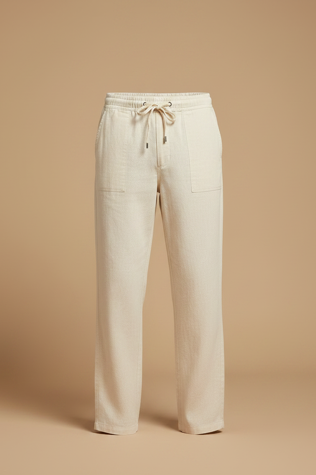 Pantalon Chino Écru Lin Cordon Ample Homme - Beige - vue 3