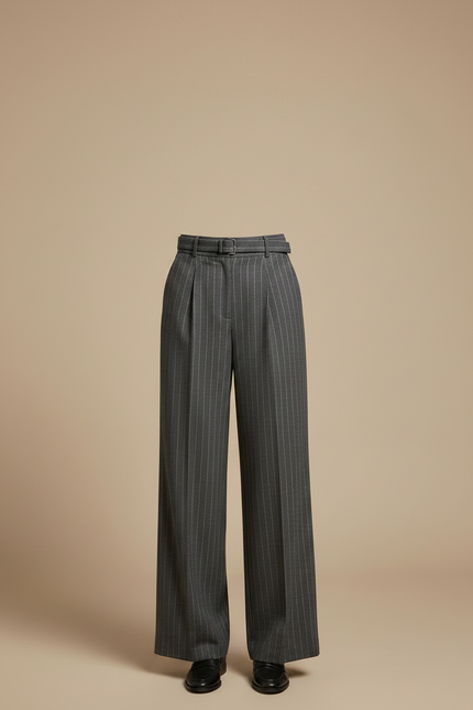 Pantalon Chino Gris Rayé Ample Taille Haute Élégant - Laine - vue 3