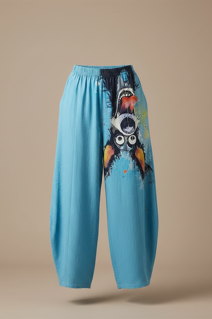 Pantalon Chino Bleu Ample Imprimé Chat Décontracté - Coton - vue 3