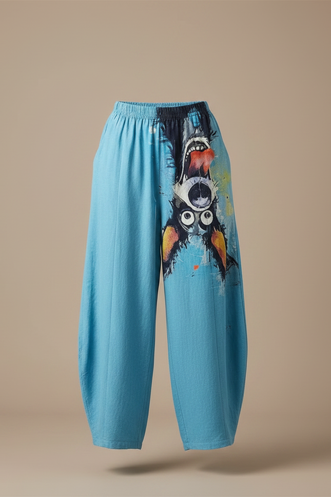 Pantalon Chino Bleu Ample Imprimé Chat Décontracté - Coton - vue 3