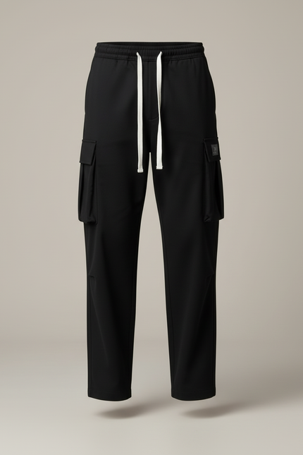 Pantalon Chino Noir Cargo Ample Décontracté Cordon - Polyester - vue 3