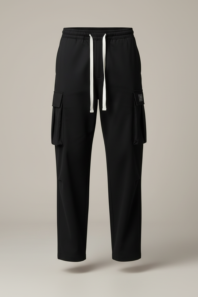 Pantalon Chino Noir Cargo Ample Décontracté Cordon - Polyester - vue 3