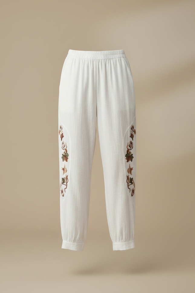 Pantalon Chino Blanc Brodé Ample Décontracté Femme - Lin - vue 3