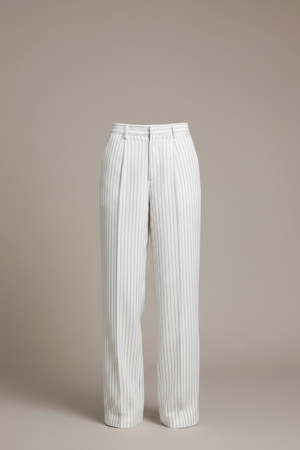 Pantalon Chino Blanc Rayé Taille Haute Fluide - Lin - vue 2