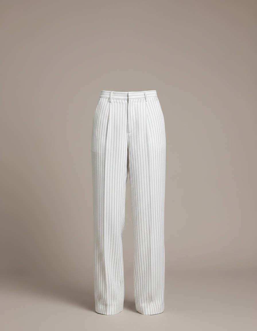 Pantalon Chino Blanc Rayé Taille Haute Fluide - Lin - vue 2