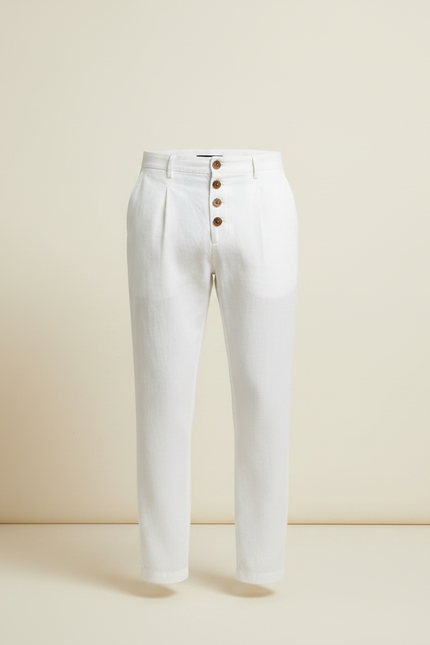 Pantalon Chino Blanc Lin Plissé Boutons Décontracté Homme - vue 3