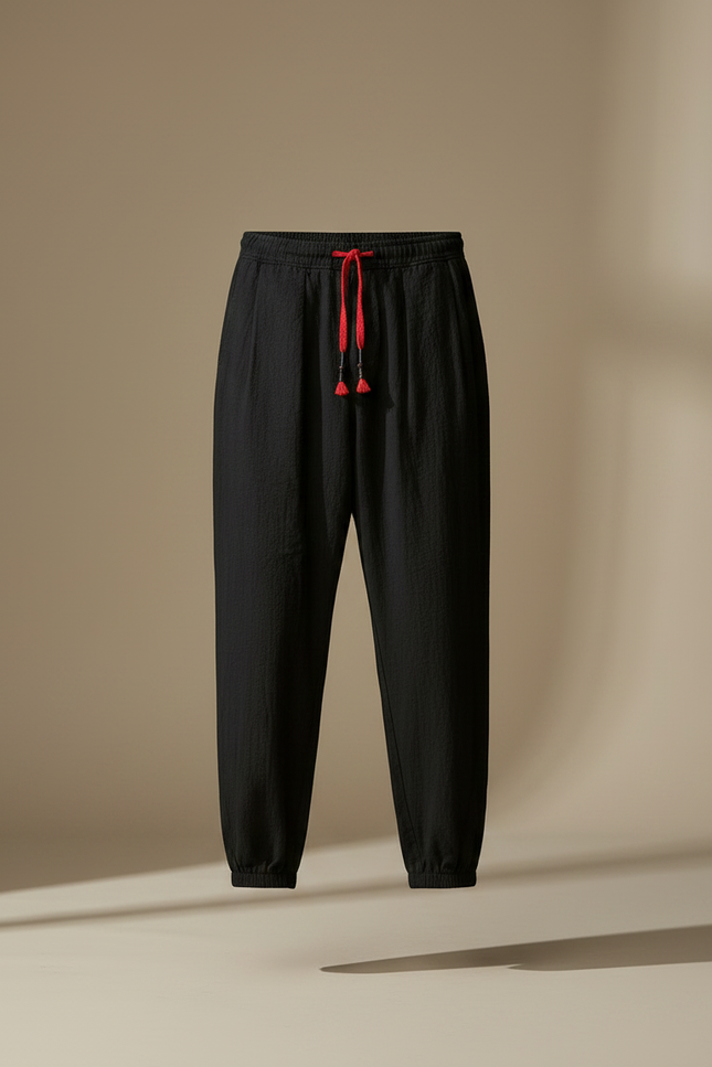 Pantalon Chino Noir Ample Lin Coton Décontracté - vue 3