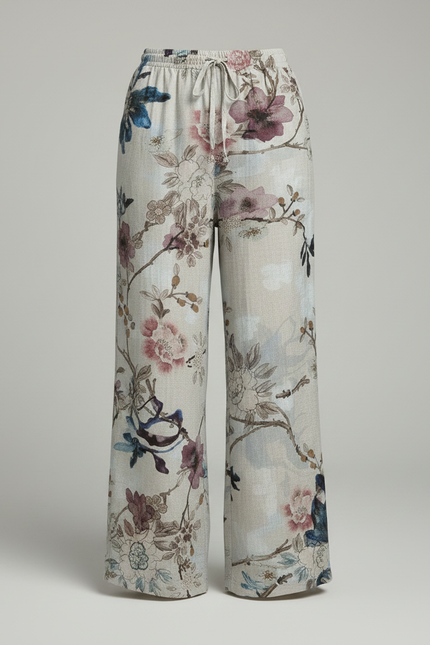 Pantalon Chino Large Imprimé Floral Fluide Respirant Beige - Lin - vue 3