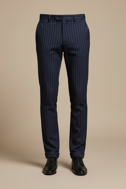 Pantalon Chino Bleu Marine Rayé Slim Élégant Homme - Laine - vue 3