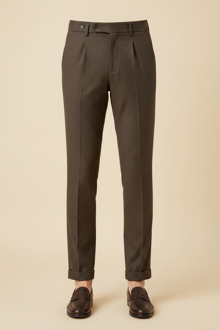 Pantalon Chino Marron Plissé Motif Slim Élégant - Laine - vue 3