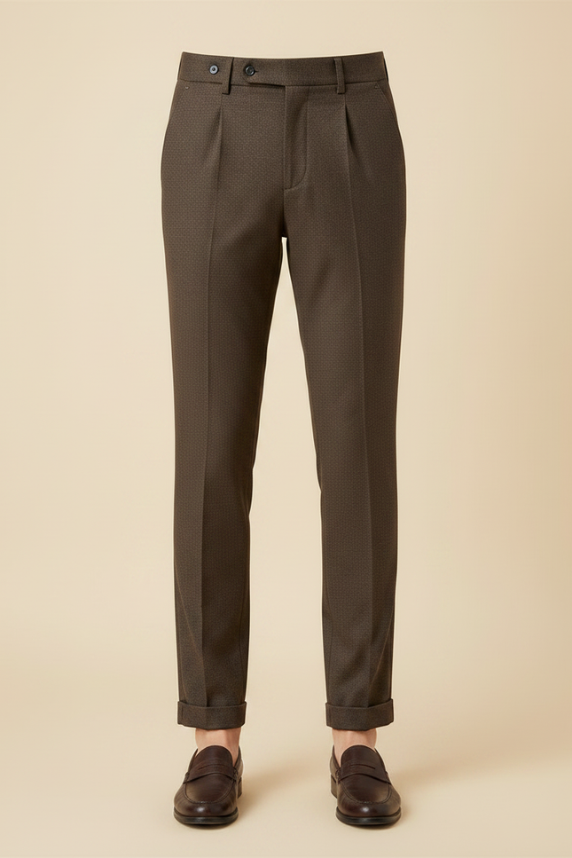 Pantalon Chino Marron Plissé Motif Slim Élégant - Laine - vue 3