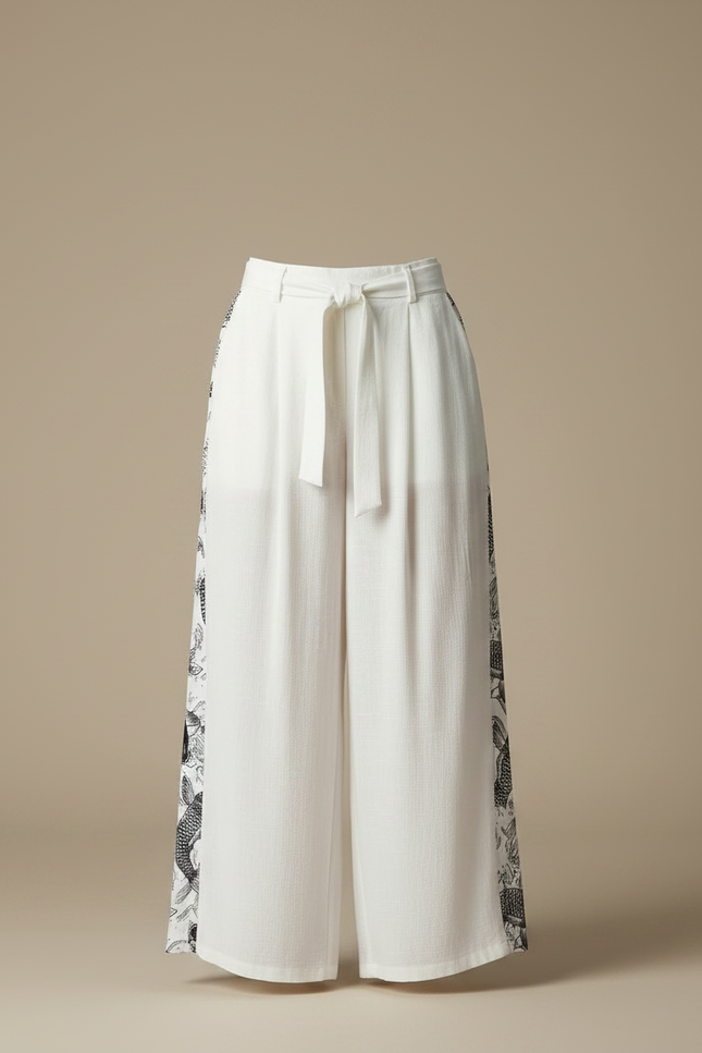 Pantalon Chino Blanc Ample Motif Ethnique Femme - Lin - vue 3