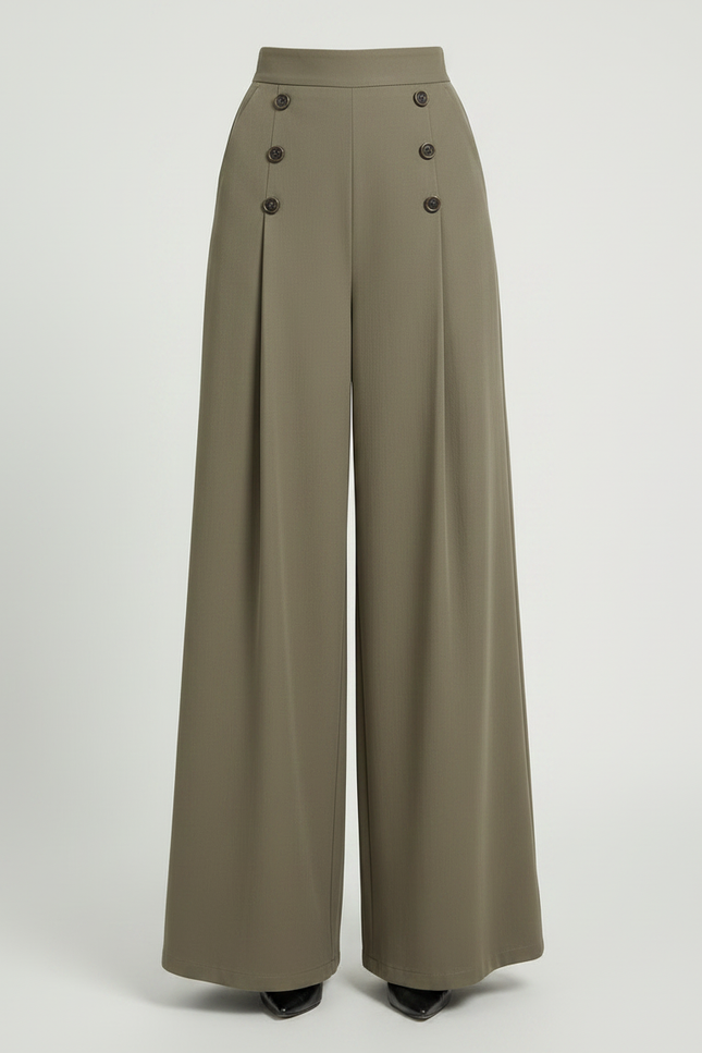 Pantalon Chino Vert Kaki Ample Boutons Fluide - Polyester - vue 3