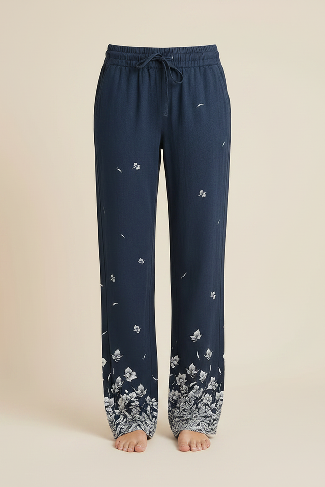 Pantalon Chino Bleu Marine Floral Ample Cordon - Lin - vue 3
