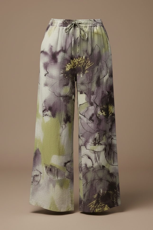 Pantalon Chino Ample Floral Vert Violet Décontracté - Multicolore Lin - vue 3