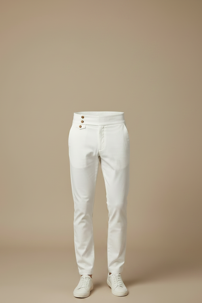 Pantalon Chino Blanc Taille Haute Boutons Décontracté Slim Homme - Gabardine - vue 3