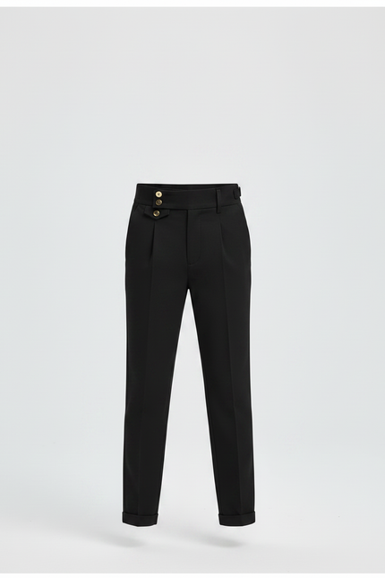 Pantalon Chino Noir Slim Boutons Dorés Élégant - Gabardine - vue 3