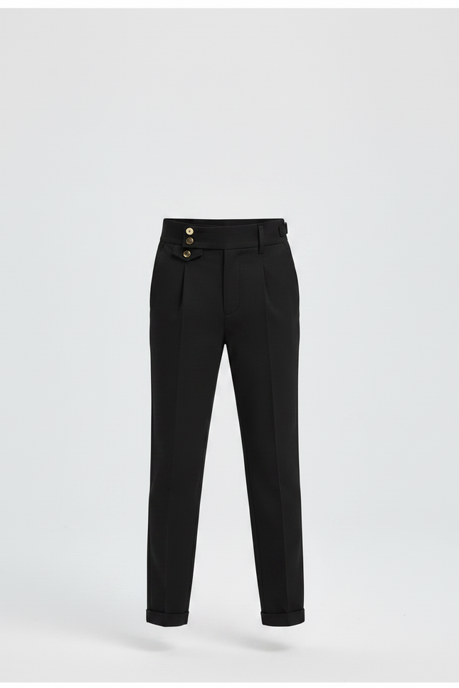 Pantalon Chino Noir Slim Boutons Dorés Élégant - Gabardine - vue 3