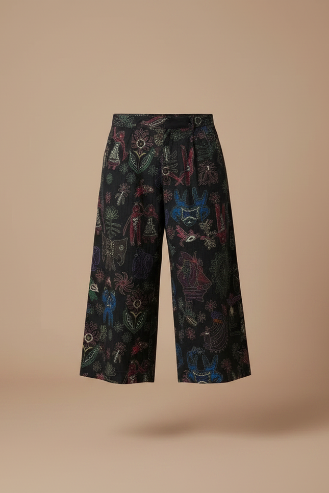 Pantalon Chino Noir Ample Imprimé Ethnique Décontracté - Toile - vue 3