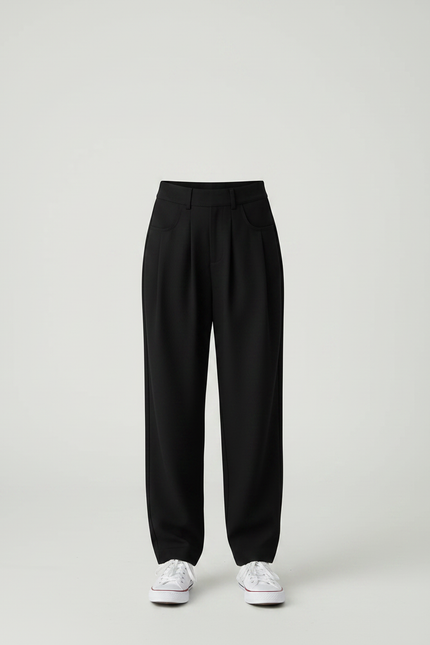 Pantalon Chino Noir Ample Plissé Décontracté Femme - Gabardine - vue 3