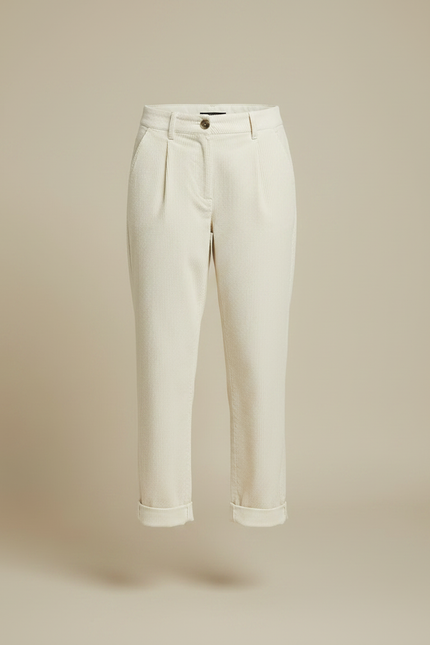 Pantalon Chino Écru Côtelé Ample Décontracté Femme - Beige Cordé - vue 3