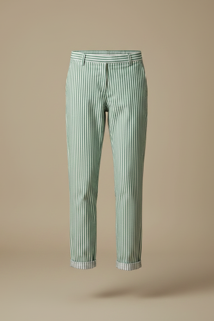 Pantalon Chino Rayé Vert Blanc Ample Coton - Multicolore - vue 3