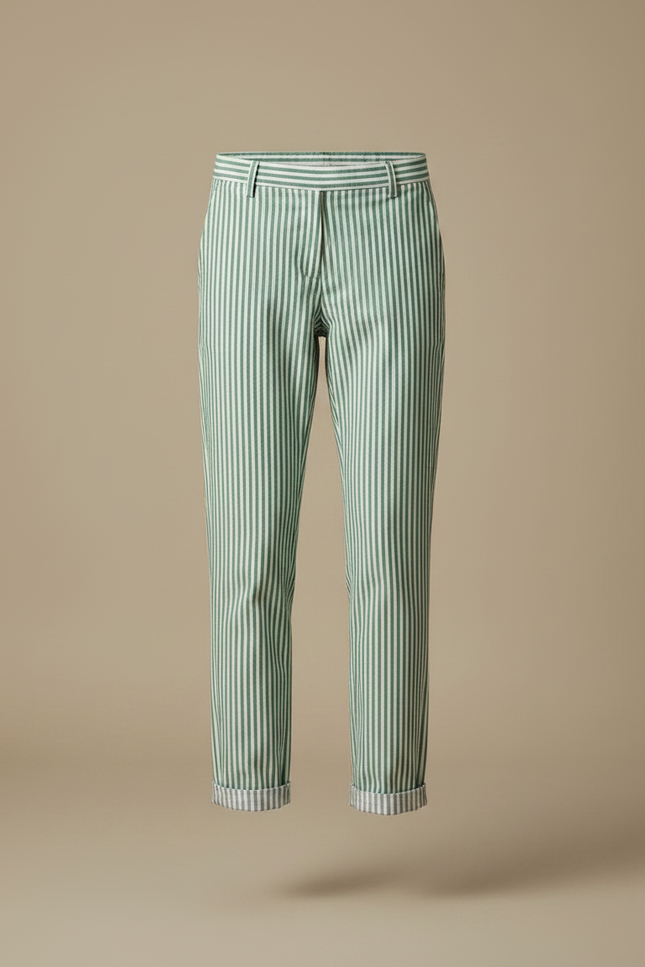 Pantalon Chino Rayé Vert Blanc Ample Coton - Multicolore - vue 3