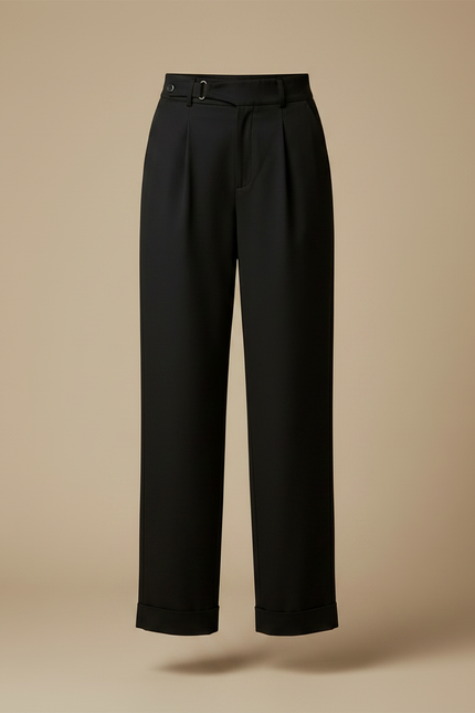 Pantalon Chino Noir Plissé Ample Taille Haute Élégant - Gabardine - vue 3
