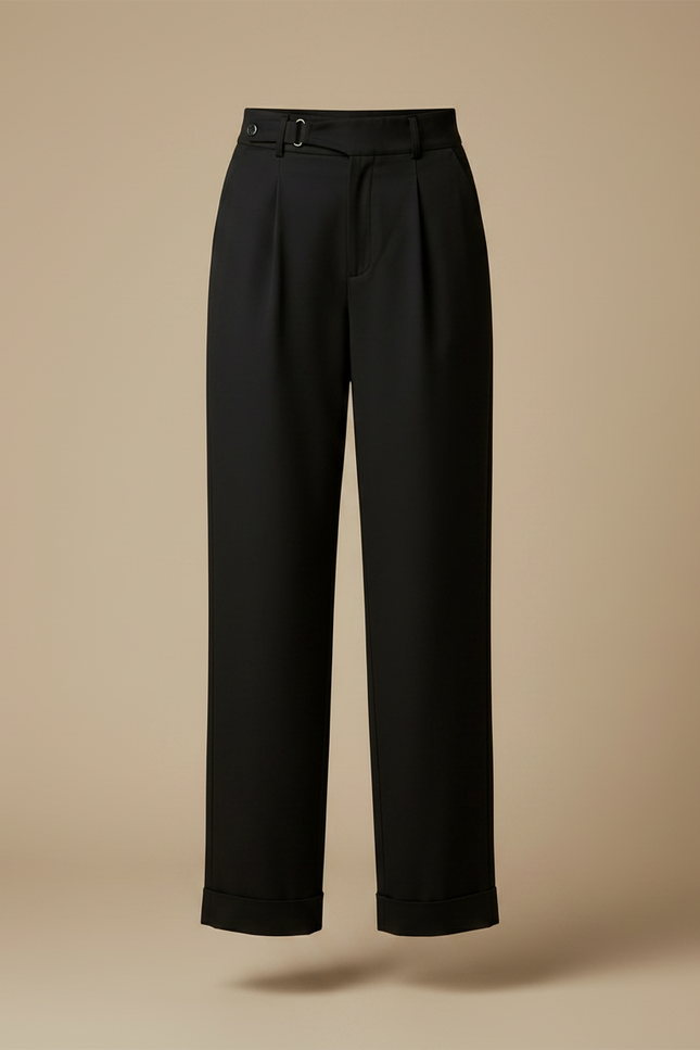 Pantalon Chino Noir Plissé Ample Taille Haute Élégant - Gabardine - vue 3