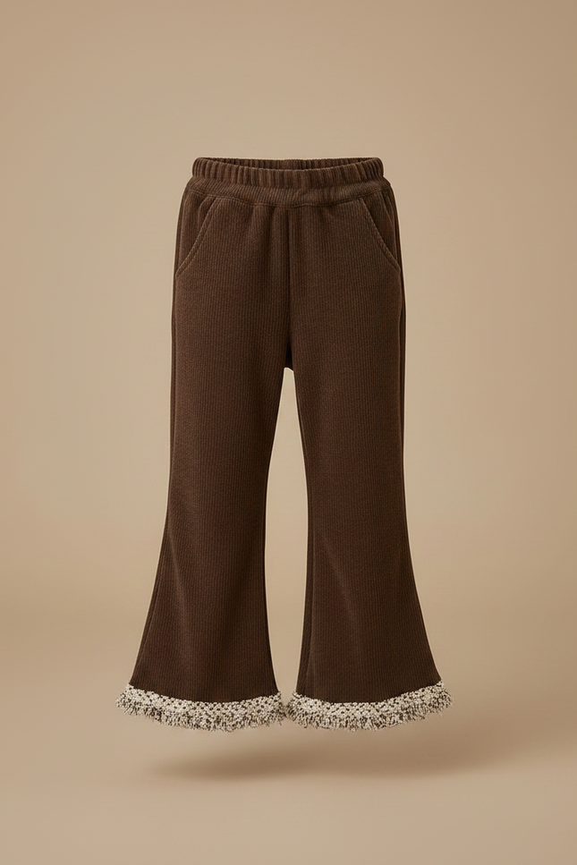 Pantalon Chino Marron Côtelé Évasé Franges Enfant - Cordé - vue 3