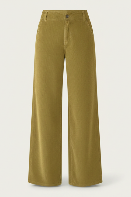 Pantalon Chino Velours Côtelé Vert Ample Taille Haute Femme - Kaki Cordé - vue 3