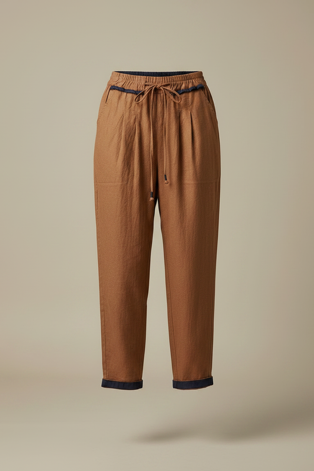 Pantalon Chino Marron Ample Lin Coton Décontracté - vue 3