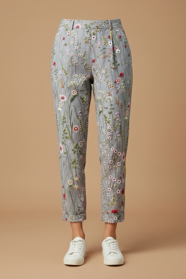 Pantalon Chino Gris Fleuri Brodé Coton Élégant Femme - vue 3