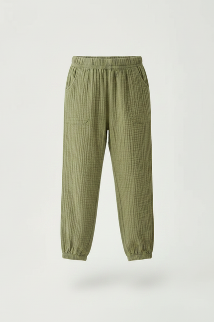 Pantalon Chino Vert Olive Coton Texturé Ample Enfant - vue 3
