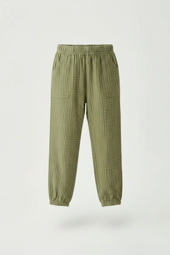 Pantalon Chino Vert Olive Coton Texturé Ample Enfant - vue 3