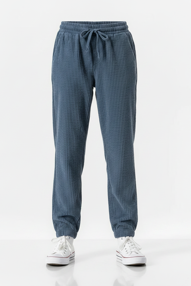 Pantalon Chino Velours Côtelé Bleu Décontracté Fille Cordon - Cordé - vue 3