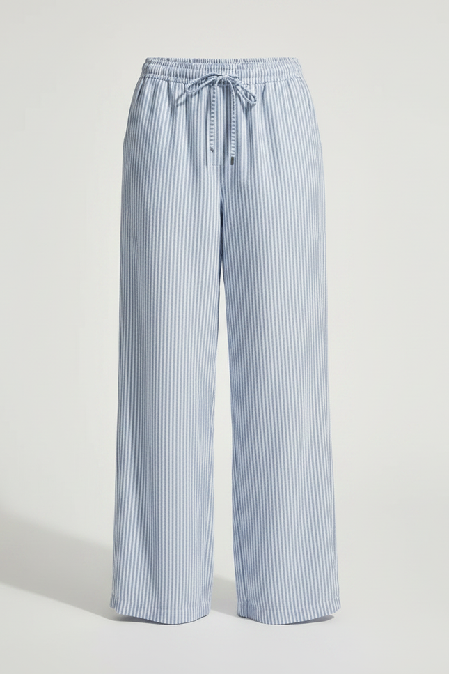 Pantalon Chino Rayé Bleu Clair Ample Décontracté Femme - Lin - vue 3