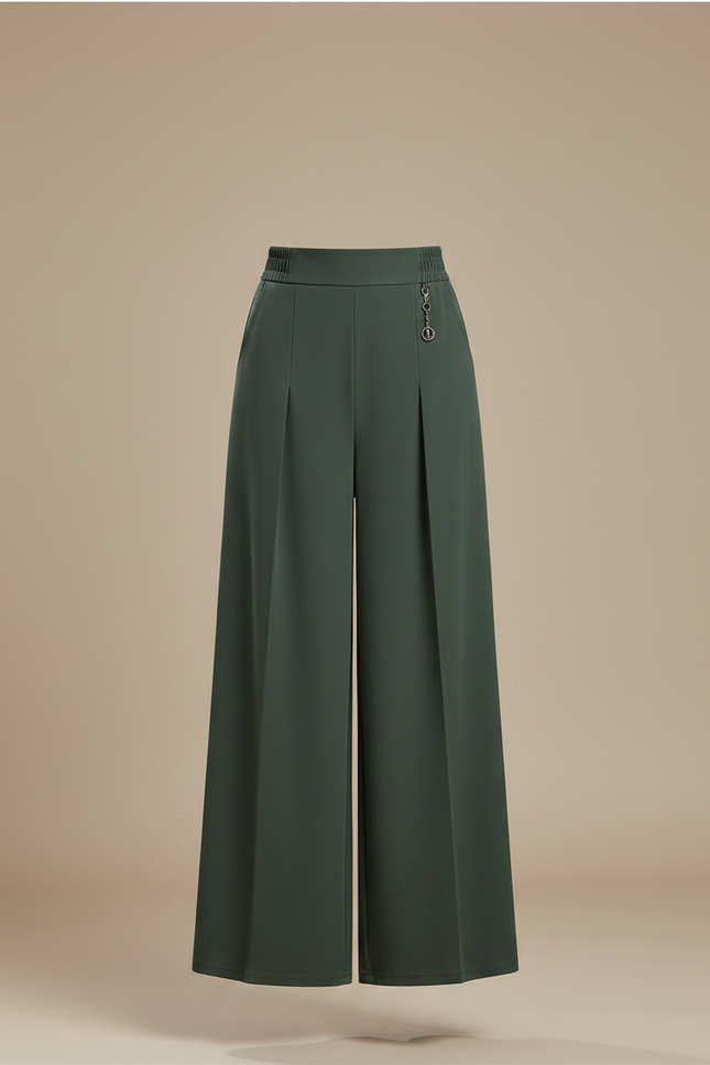 Pantalon Chino Vert Ample Fluide Taille Haute Élégant - Polyester - vue 3
