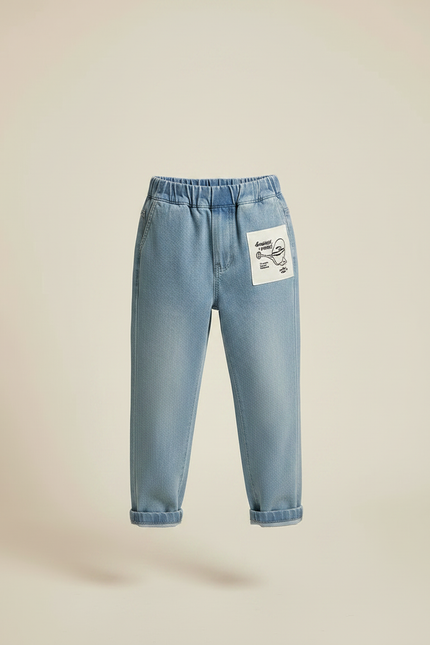 Pantalon Chino Bleu Denim Ample Coton Enfant Décontracté Patch - Jean - vue 3