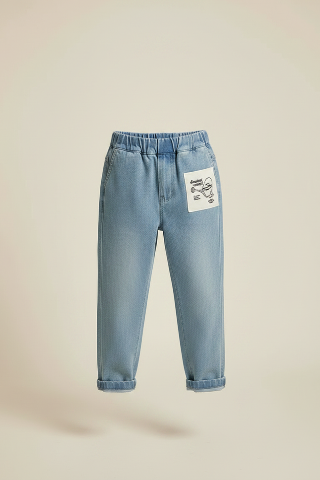Pantalon Chino Bleu Denim Ample Coton Enfant Décontracté Patch - Jean - vue 3