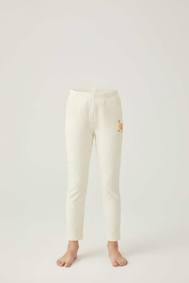 Pantalon Chino Enfant Côtelé Écru Brodé Confortable - Beige Cordé - vue 3