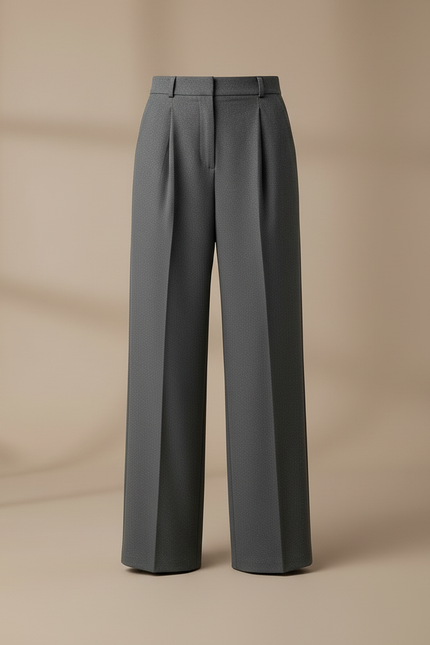 Pantalon Chino Femme Taille Haute Plissé Large Gris Élégant - Gabardine - vue 3