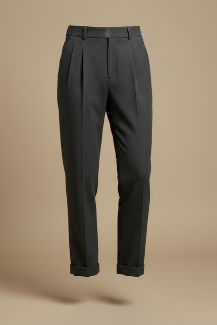 Pantalon Chino Gris Plissé Taille Haute Élégant Femme - Laine - vue 3